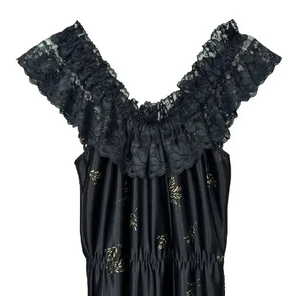 Vintage 70s Dolores For Poirette Black Sleepwear Jumpsuit Medium Lace Gold Satin - Picture 2 of 8